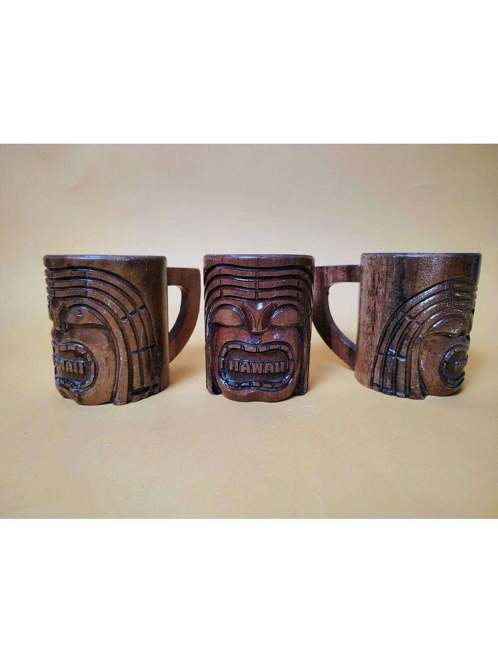 Vintage Hawaii Tiki Mug Set 3 Hand Carved Monkey Pod Wood Tumbler Philippines